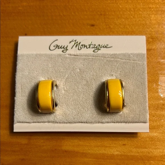 Guy Montague Yellow & Gold Enamel Hoop Clip-On Earrings Vintage 80s - Picture 1 of 2